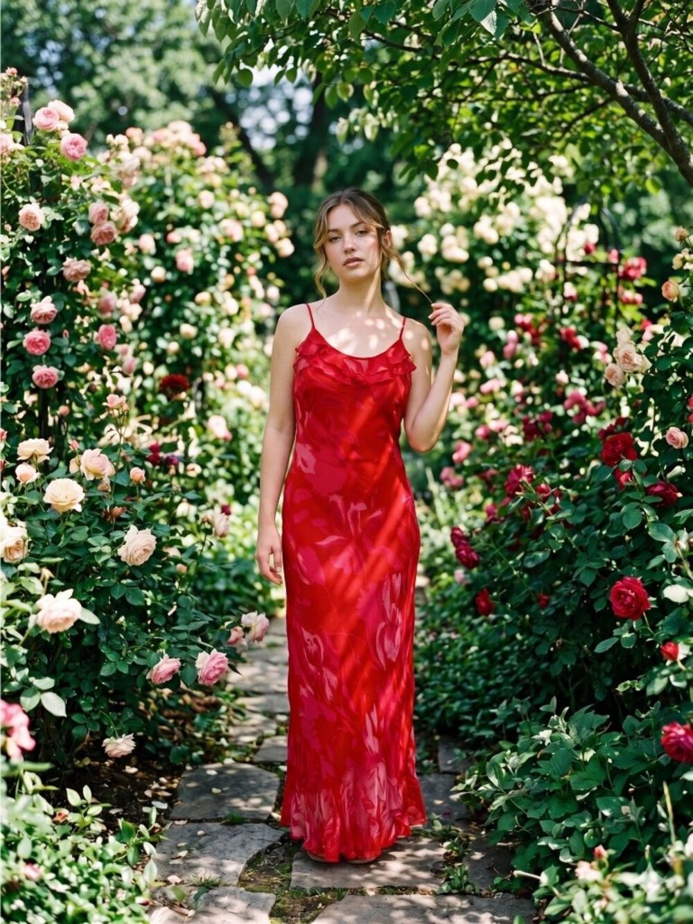 Vintage 1990s Red Floral Midi Dress 8 Ruffle Neck Spaghetti Strap Y2K Romantic